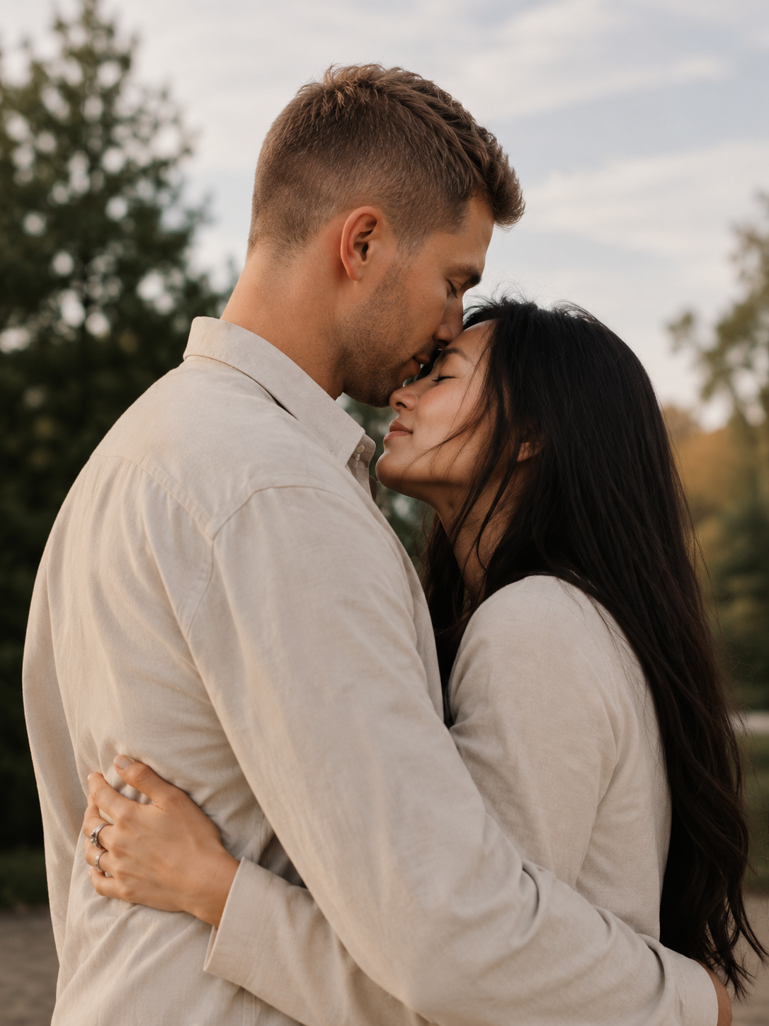 Couple embracing outdoors