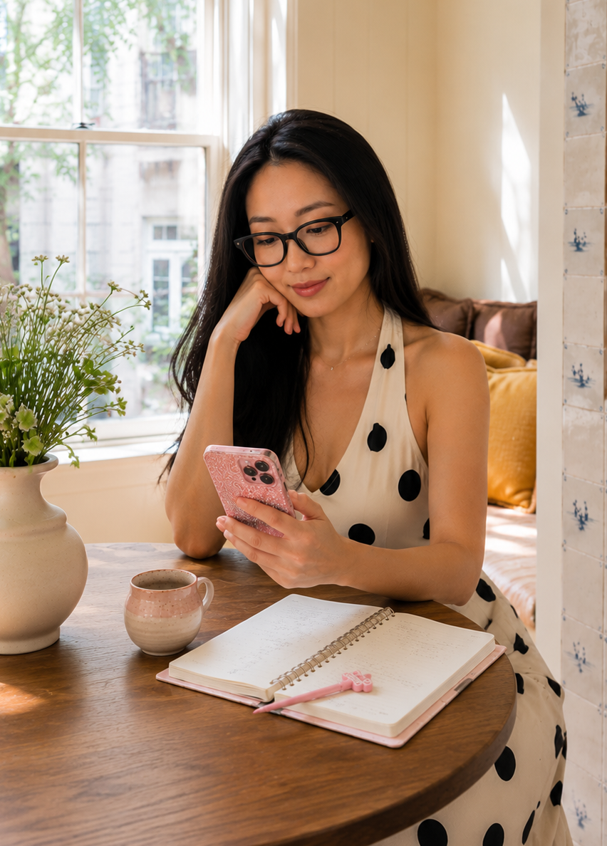 Tea reviewing dating profiles and notes over a cup of tea