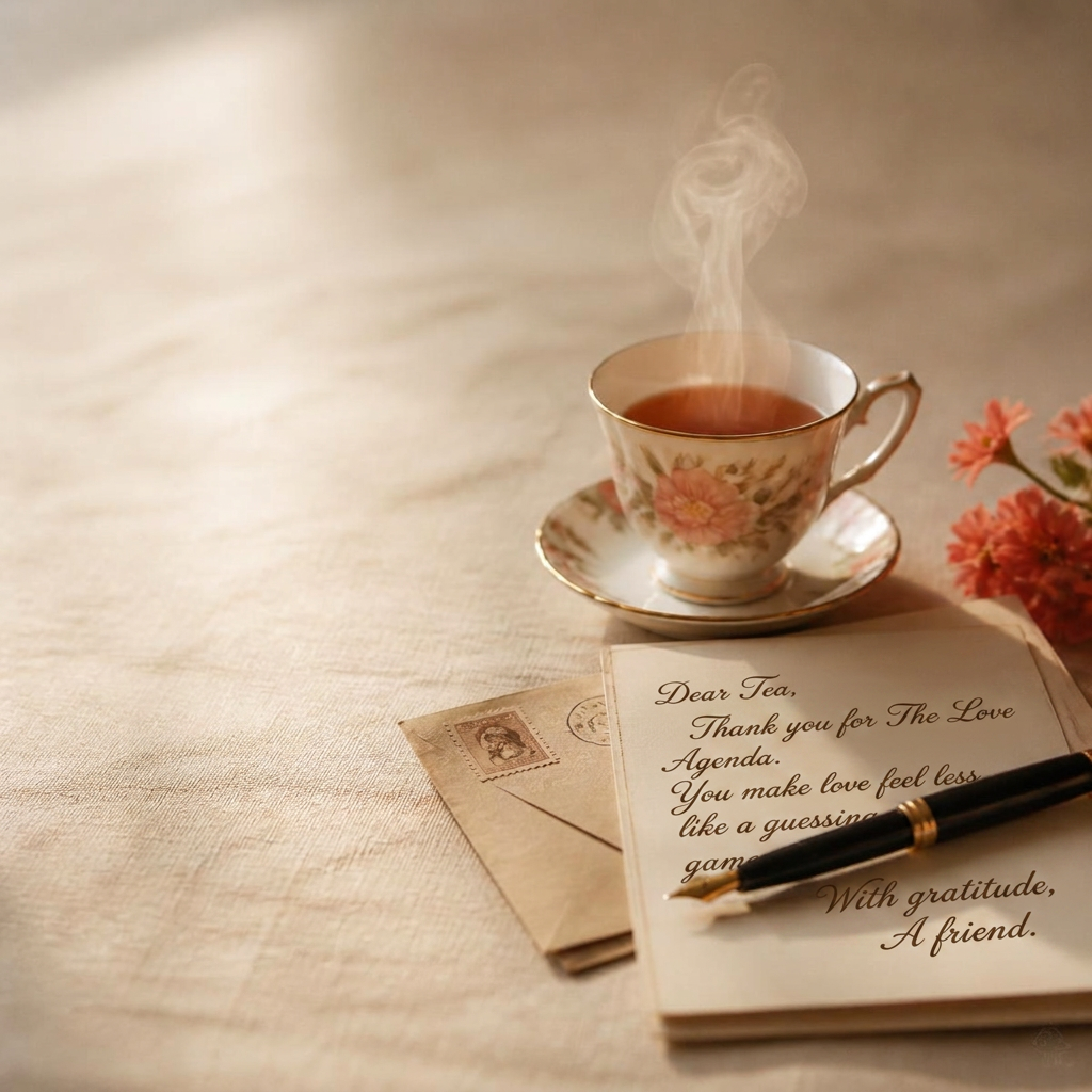 A warm floral teacup beside a handwritten letter and fountain pen